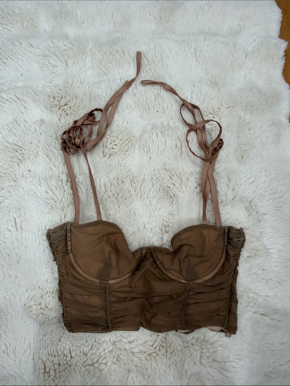 Mistress Rocks Brown/Nude Mesh Ruched Bustier Crop Top